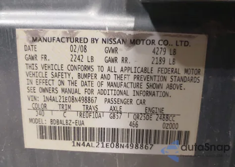 2008 Nissan Altima 2.5 S из США, поврежденный, VIN 1N4AL21E08N498867